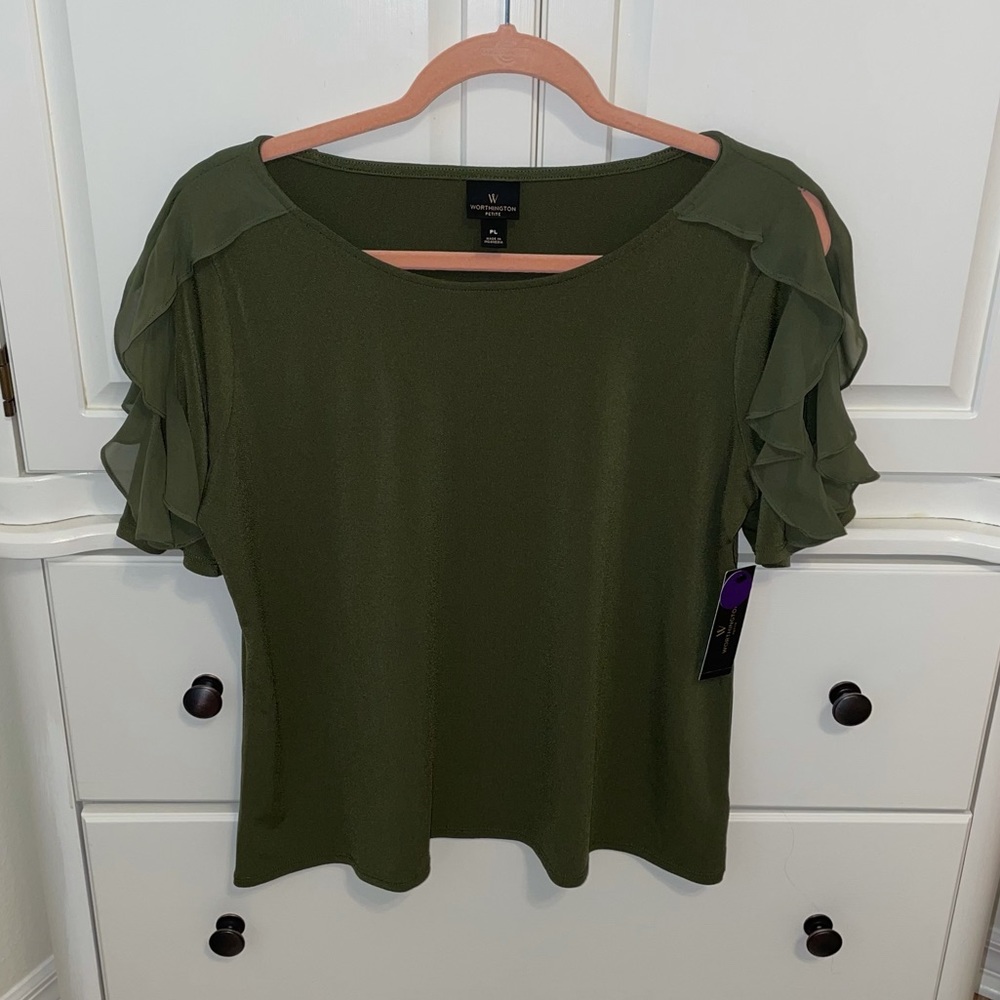 Olive green cold shoulder ruffle blouse—Worthington